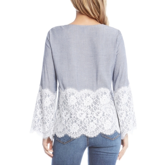 Karen Kane Chambray Stripe Lace Top - Picture 2 of 11